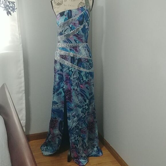 NWT LaFee E4053 One Shoulder Silver Sequin, Purple/Turquoise Prom Dress 10 - Picture 1 of 14